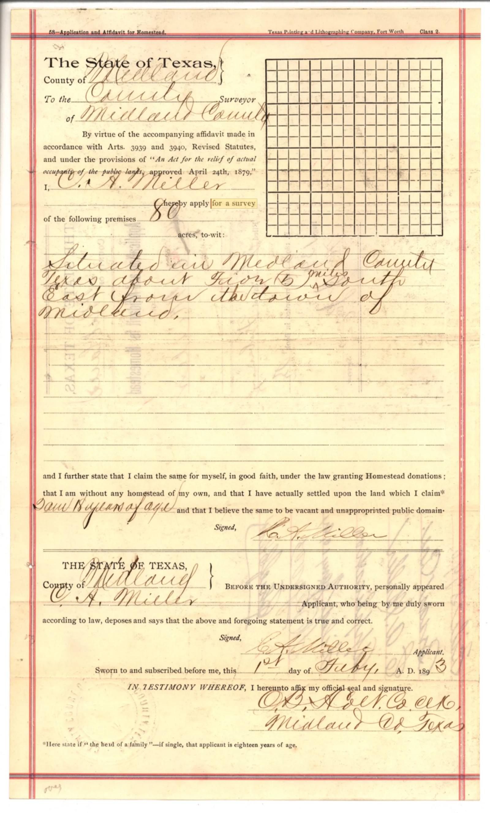 Miller, C A Original Cursive Land Grant & Field Notes (Midland County, Abstract A-633)